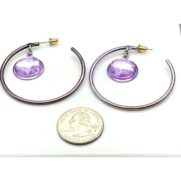 Bold Earrings Purple Hoops with Bright Crystal Dangle, Vintage Flash and Flair - Picture 5 of 5